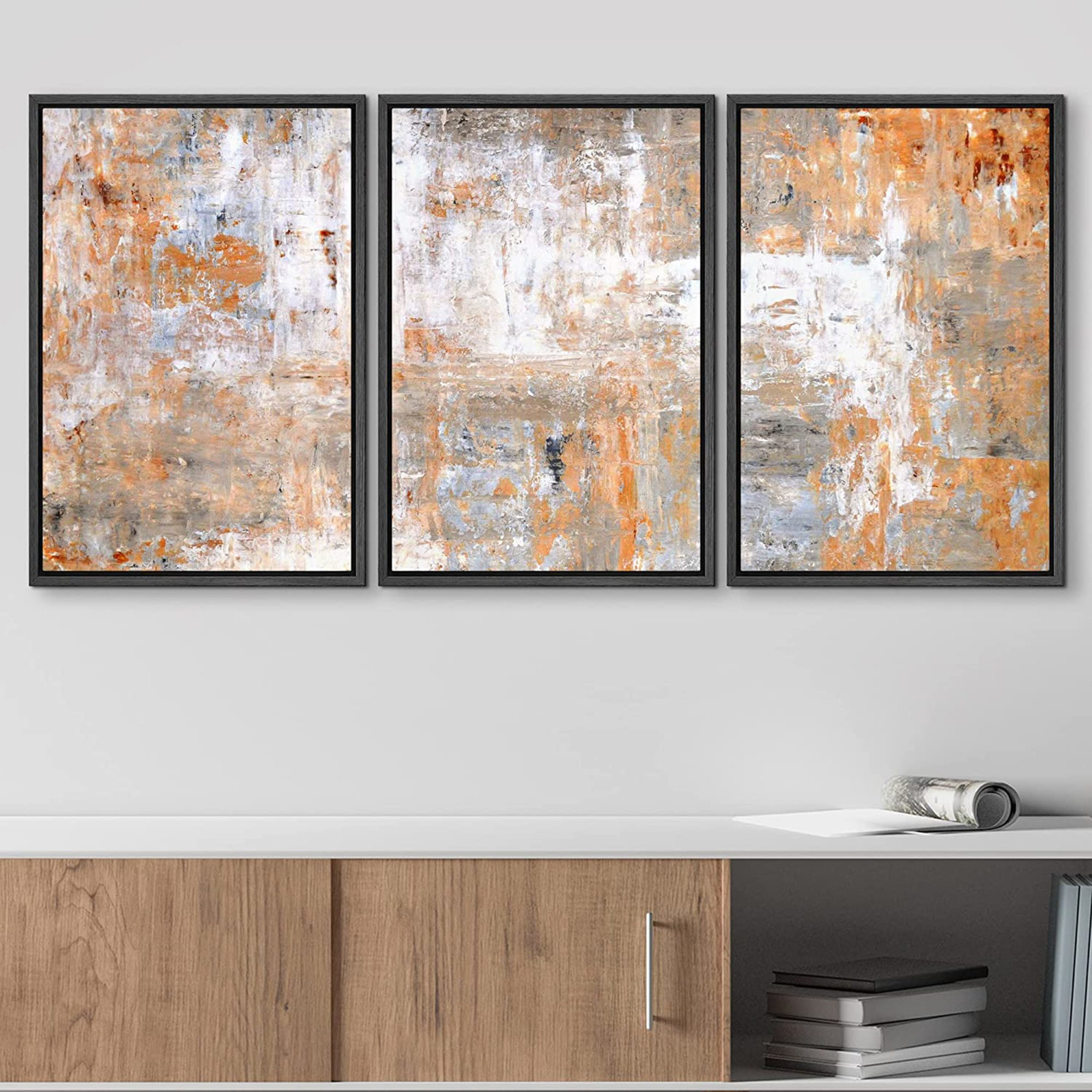 IDEA4WALL Triptych Abstract Orange Grunge Brushstrokes 3 Pieces
